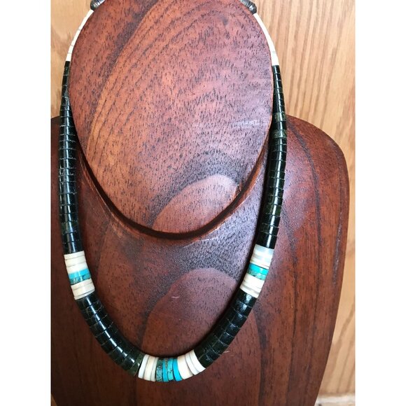 Vtg Heishi Necklace Shell Disc & Turquoise Beads With Various Other Gemstones - Picture 5 of 9